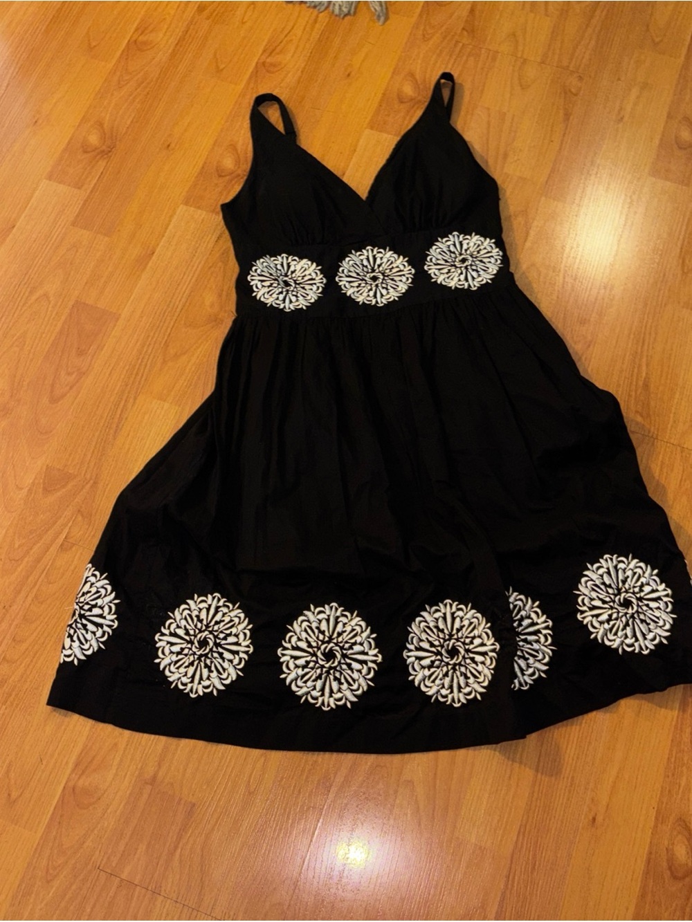 Black Sleeveless Midi Dress with White Floral Embroidery